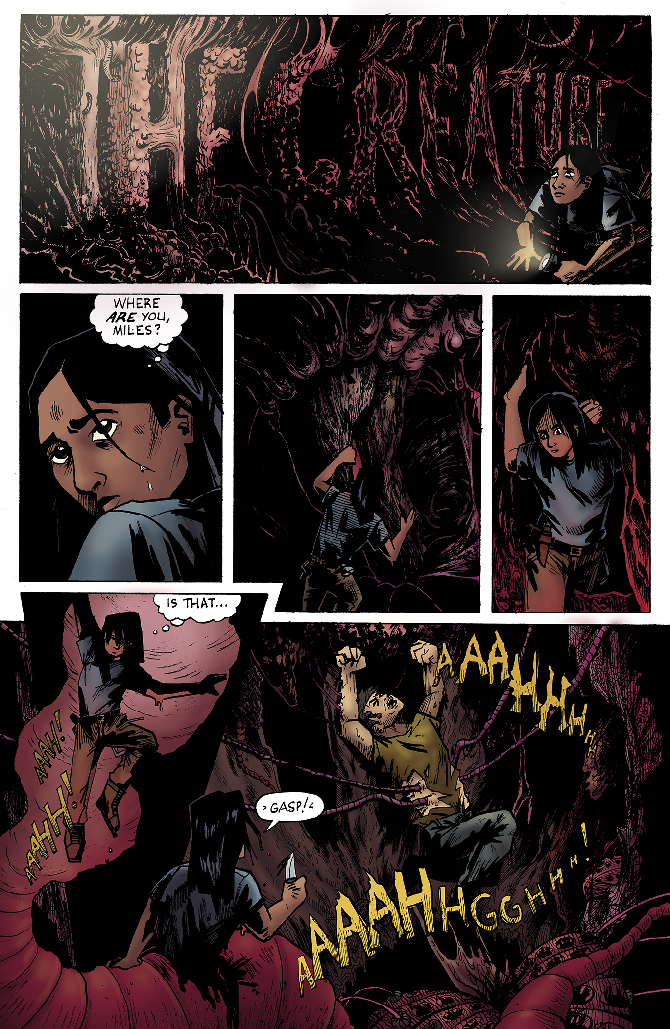 A seven-panel color comics sequence titled: The Creature, in which a young explorer travels through the bowels of a red, fleshy creature to search for their friend, Miles. In the final panel, they find Miles strung up in the belly of the creature, screaming in pain, with tendrils of the creature running though his body.